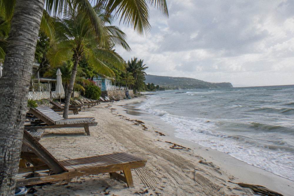 A quiet resort beach with loungers and palms at the edge of the Caribbean Sea